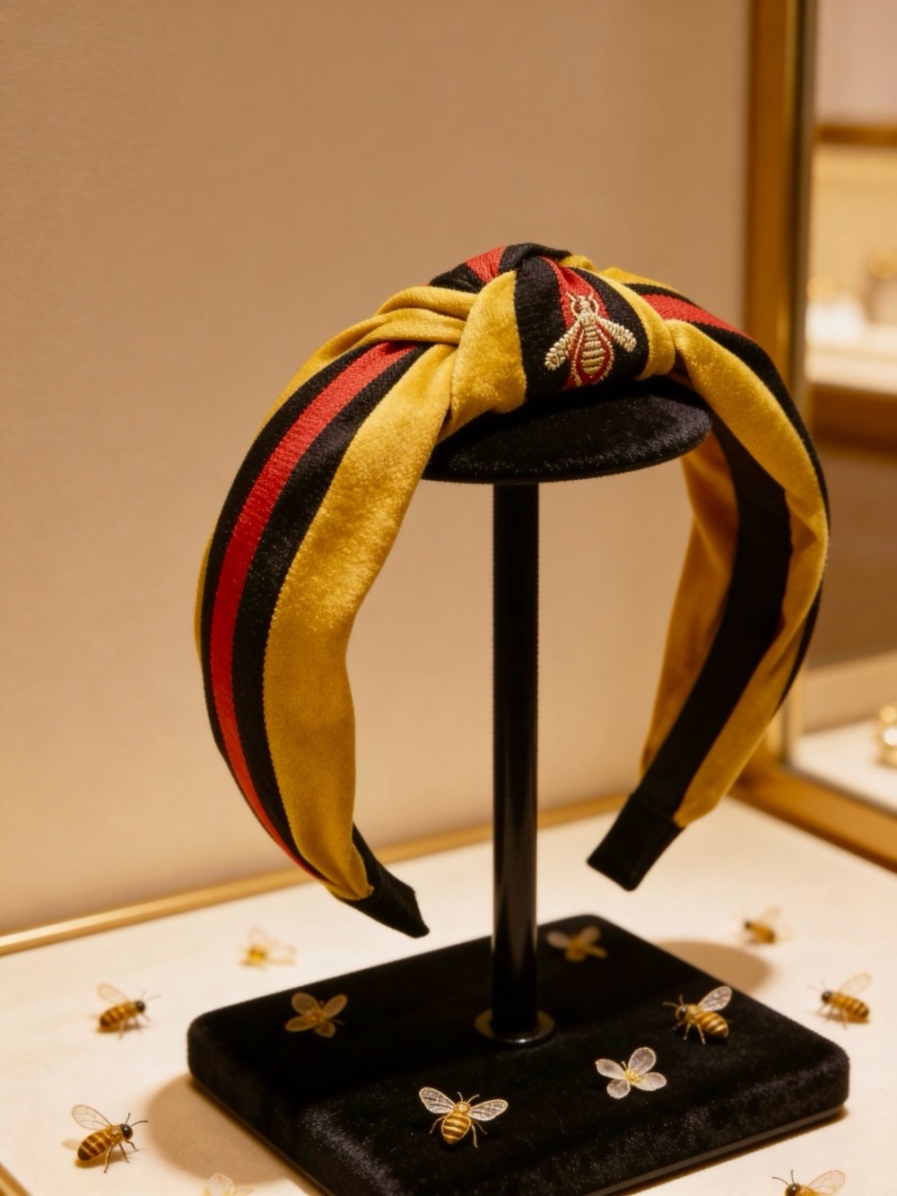 Beautiful Yellow and Black Striped Knot Headband with Bee Accent